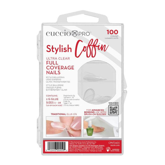 Cuccio Pro Stylish Coffin Full Coverage Nail Tips - Ultra Clear, 100 Count - Sanida Beauty